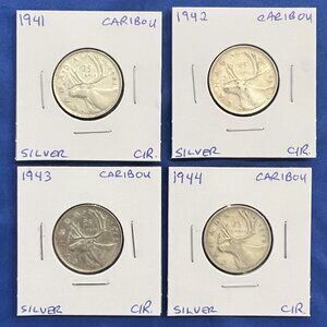 Sensational Set of 1941, 1942, 1943 & 1944 Canada Silver 25¢ Coins!
